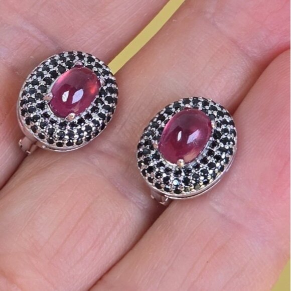 925 Sterling Silver Earrings with Natural Ruby 7x5mm & Spinel Gemstone - Picture 4 of 7